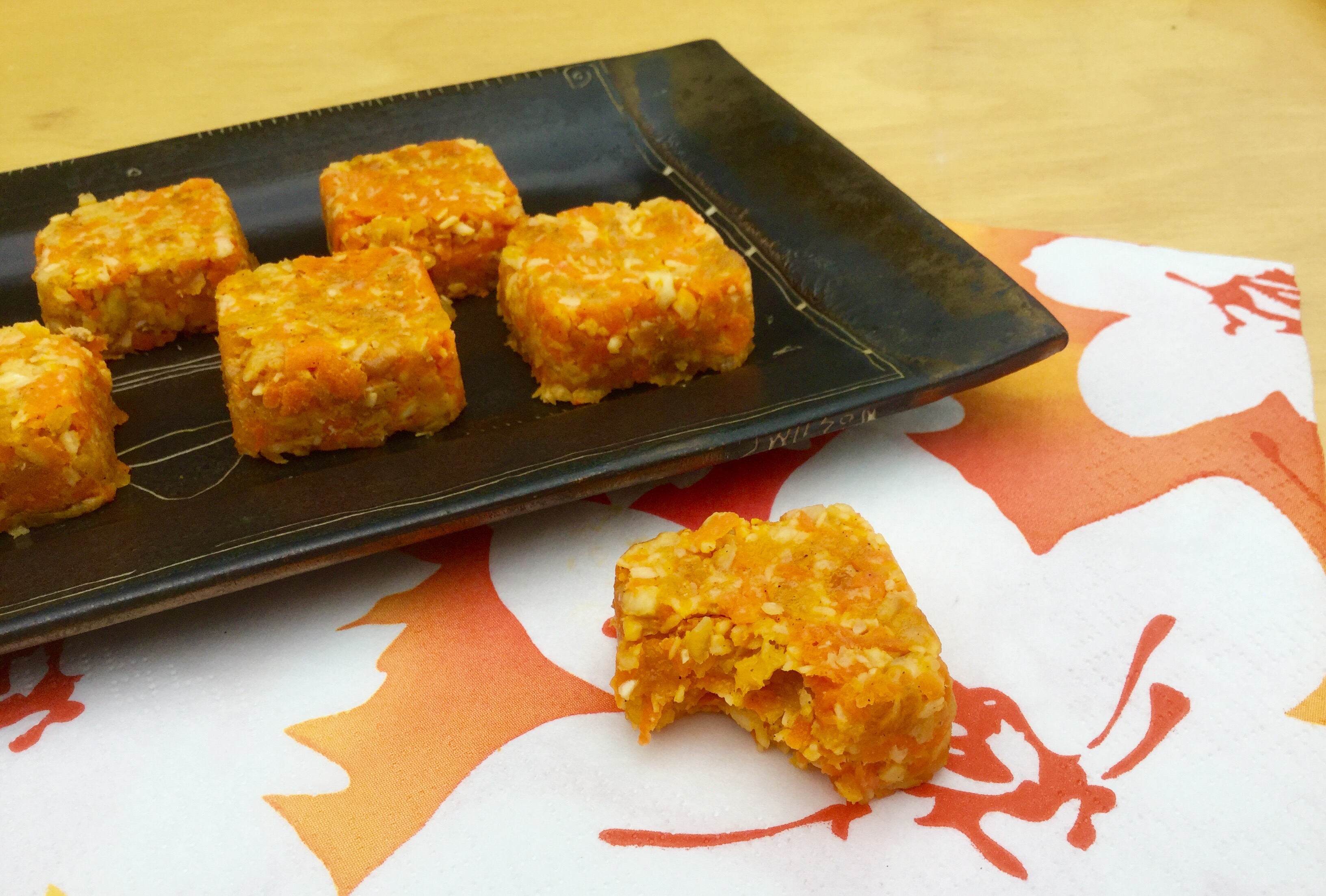 These energy squares are fresh and light with freshly grated carrot, apricots and cashews. There is no sugar needed as the apricots provide natural sweetness